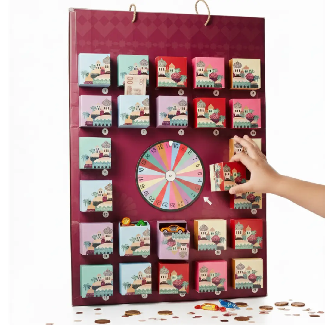 jeu 24 boites fete aid Jeu des boîtes Eid Mubarak avec roue centrale, animation enfants pour la fête de l’Aïd, version 24 boîtes cadeaux.