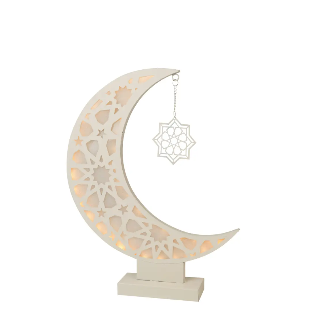 decoration lumineuse lamar ramadan crème Lanterne lumineuse Ramadan en métal en forme de croissant ajouré avec pendentif étoile, éclairage LED doux, coloris crème.