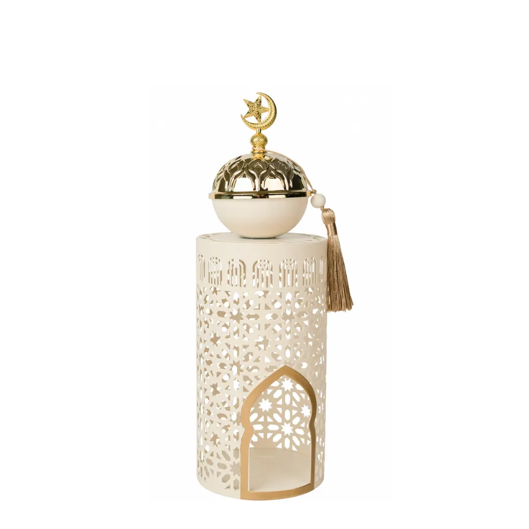 Lanterne encens bougie Ramadan – Mabkhara Lanterne Ramadan mabkhara en métal crème avec détails dorés, encensoir et lanterne à bougie, diffusion de bakhoor.