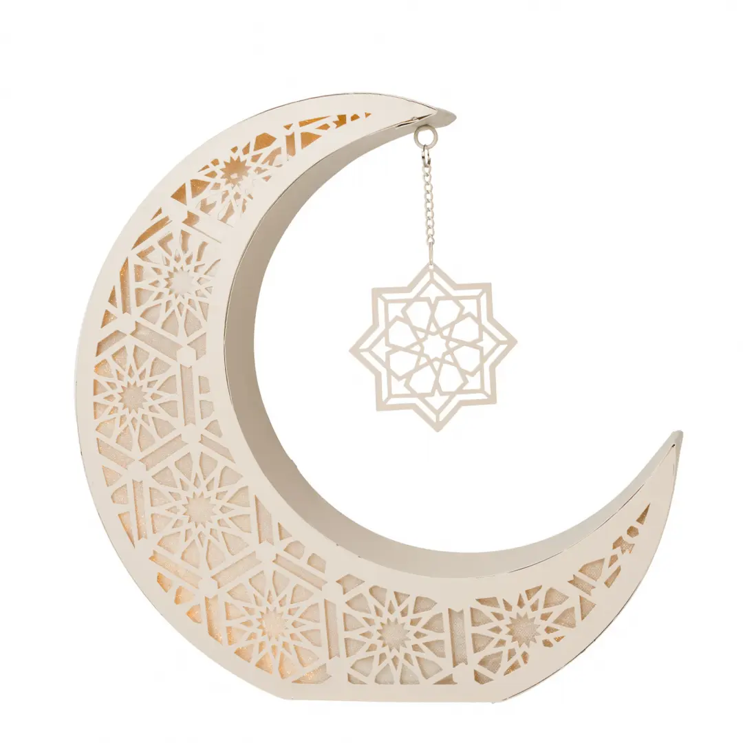 lanterne lumineuse hilal greige grande Décoration lumineuse Ramadan Hilal greige en métal, lanterne LED en forme de croissant, ambiance douce et élégante.
