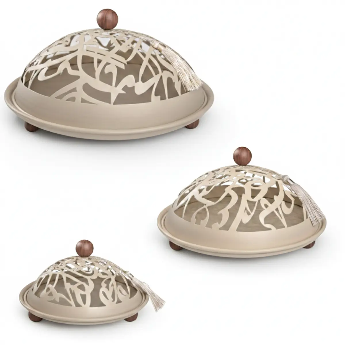 Set de 3 plats cloche calligraphie greige ZAYEN Set de 3 plats cloche calligraphie DIYAFA– décoration orientale chic